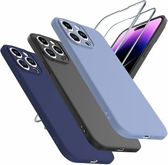 3 Pack Designed for iPhone 14 Pro Case, Silicone Shockproof Slim Thin Phone Case for iPhone 14 Pro 6.1 inch, Black/Navy Blue/Lavender Gray, 2X Tempered Glass Screen Protector as Gift