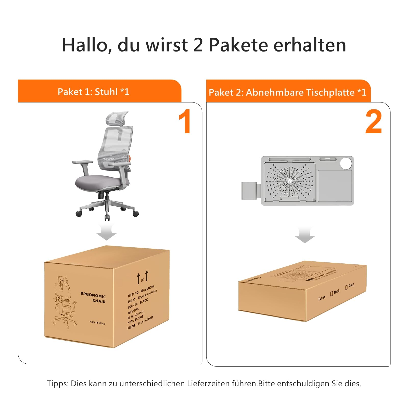 Newtral MAGICH003 Bürostuhl Ergonomisch, Ergonomischer Schreibtischstuhl, Ergonomic Office Chair PC Computerstuhl 150kg mit Kopfstütze Armlehne (MAGICH 003 + Abnehmbare Tischplatte, Grau)