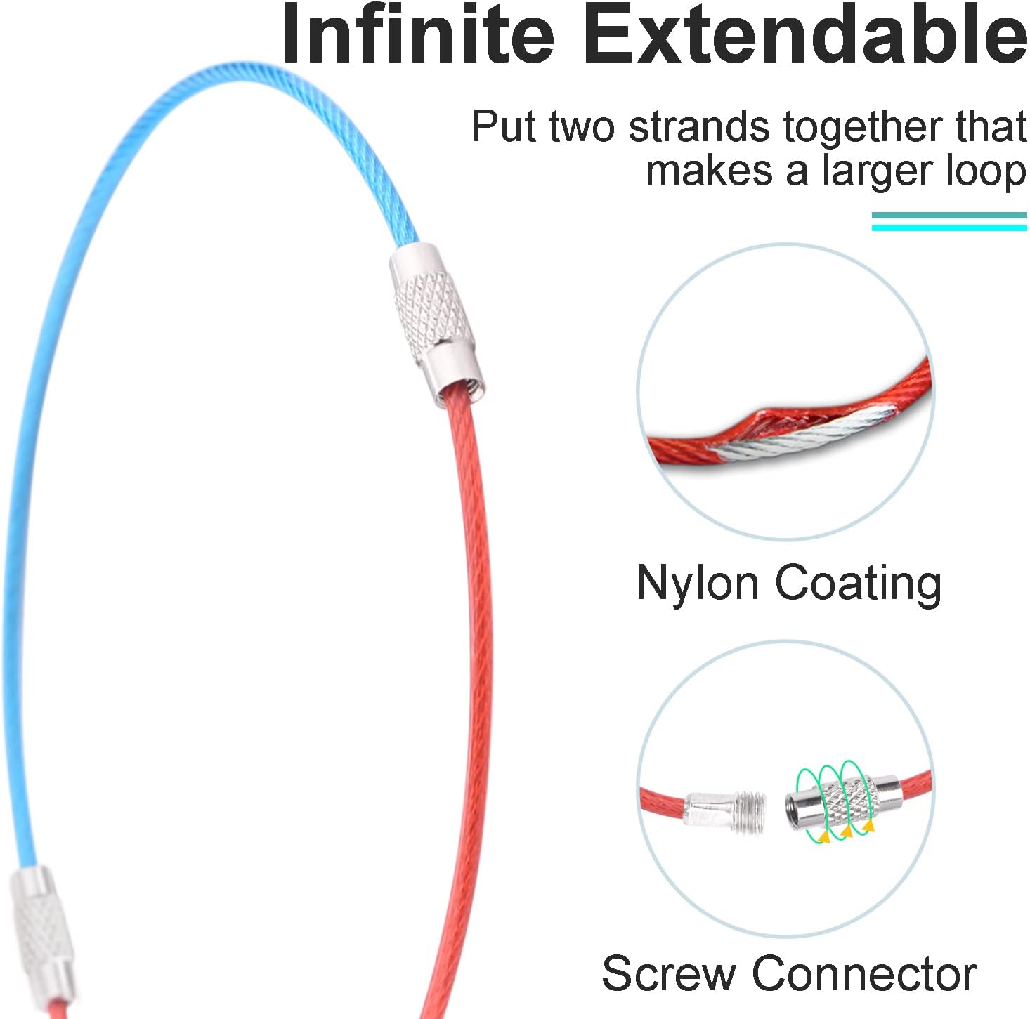 CooBigo 16 Pack Stainless Steel Loops 2mm Coated Wire Keychain Cable Large Keyrings 6 inch Key Chain for Luggage Tags, Key Tags, Keyrings, Kitchen Utensils, Duster-Assorted Colors