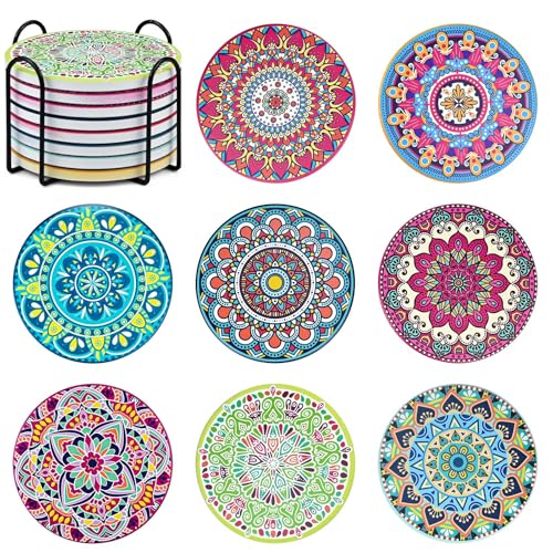 Mandala Untersetzer 8er Set, Keramik Runde Getränkeuntersetzer mit Halter Saugfähige Getränkeuntersetzer Set mit rutschfestem Korkboden &… – Ansicht 1