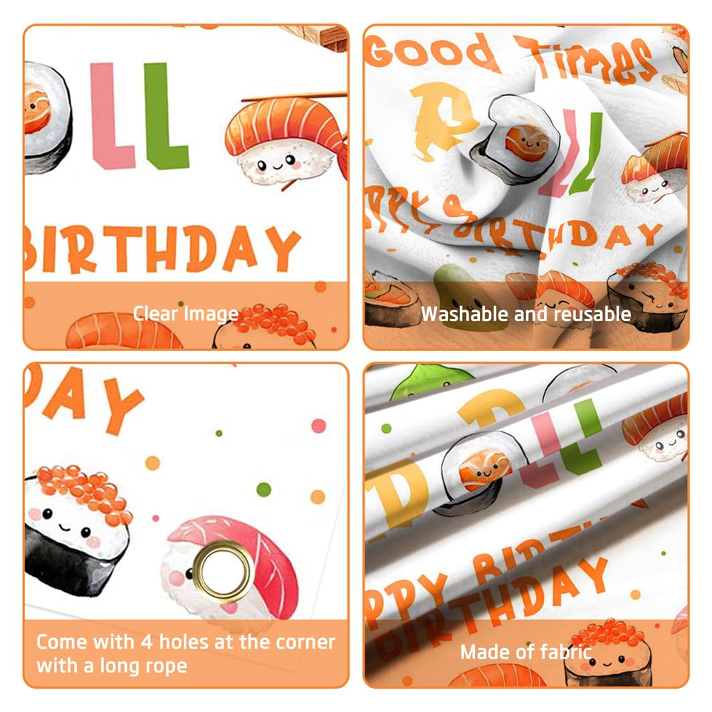 Cartel de feliz cumpleaños de sushi para niños – 70.8 x 43.3 pulgadas, suministros de fiesta de sushi kawaii, decoraciones temáticas japonesas para fiesta de cumpleaños de niños, rollo de 5