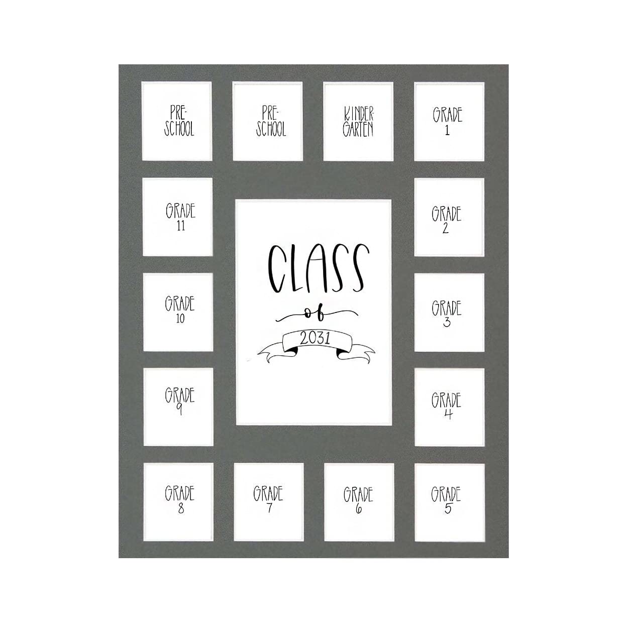 Rustic Red Door Co. RRD Class of 2031 Photo Mat (11" x 14") - Collage Picture Frame for School Pictures Pre-K to 12 Mat - No Frame Grey (15 Photos)