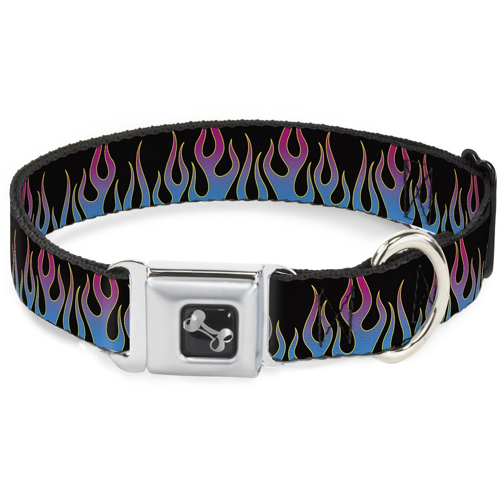 Buckle-Down Seatbelt Buckle Dog Collar - Flames Black/Blue/Pink - 1" Wide - Fits 15-26" Neck - Large