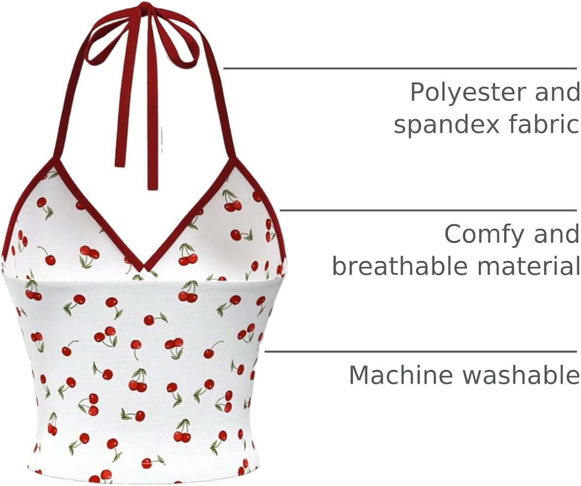 SHENHE Women's Y2k Cherry Print Top Tie Halter Neck V Neck SHENHE Women's Y2k Cherry Print Top Tie Halter Neck V Neck