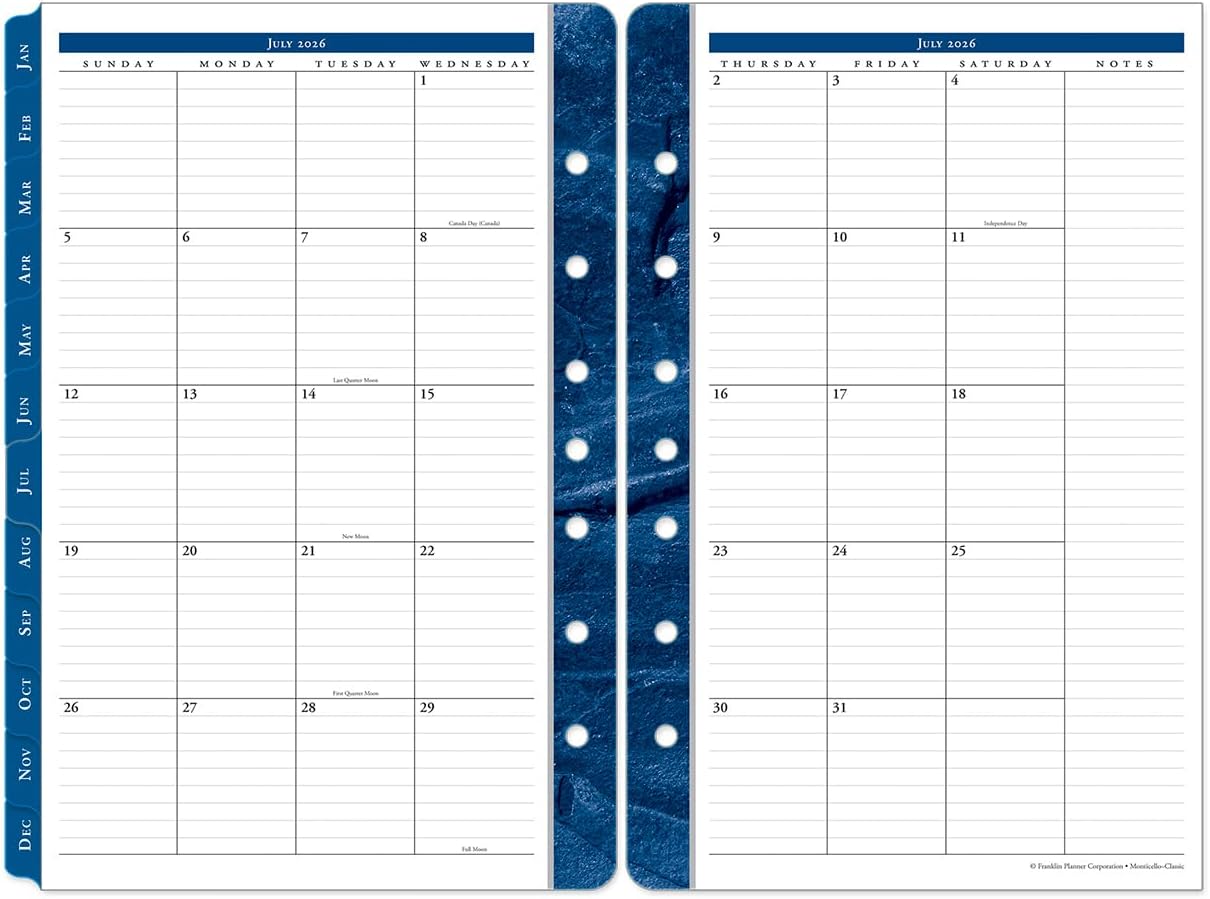 FranklinCovey - Monticello Ring-Bound Planner Refill - Two Page Per Month Calendar Tabs (Classic, Jul 2026 - Jun 2027)