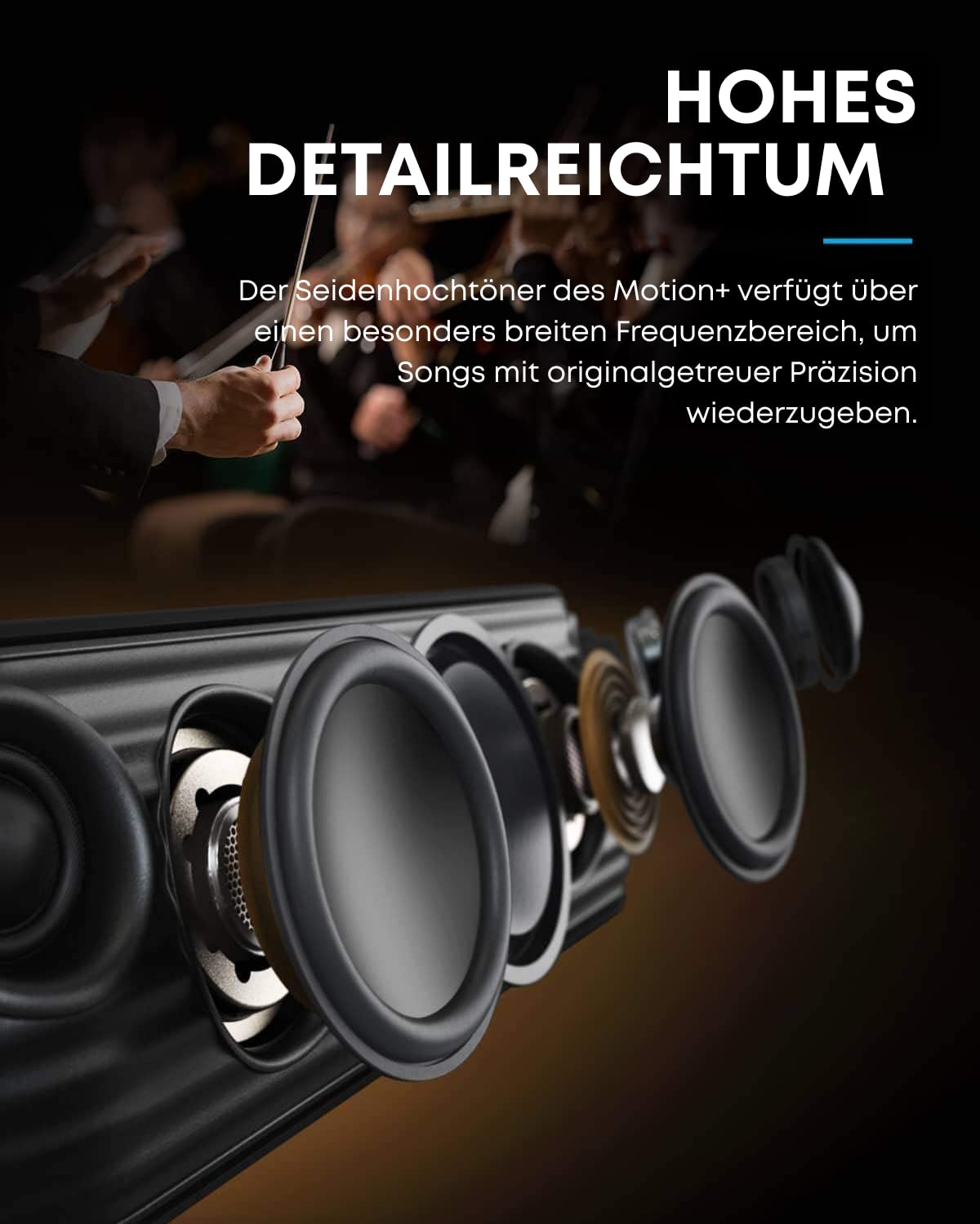 soundcore Motion+ Bluetooth HiFi Lautsprecher mit Hi-Res 30W Audio, Intensiver Bass, Kabelloser, mit App, USB C Konnektivität, Flexibler EQ, 12h Akkulaufzeit, IPX7 Wasserschutz (Schwarz)