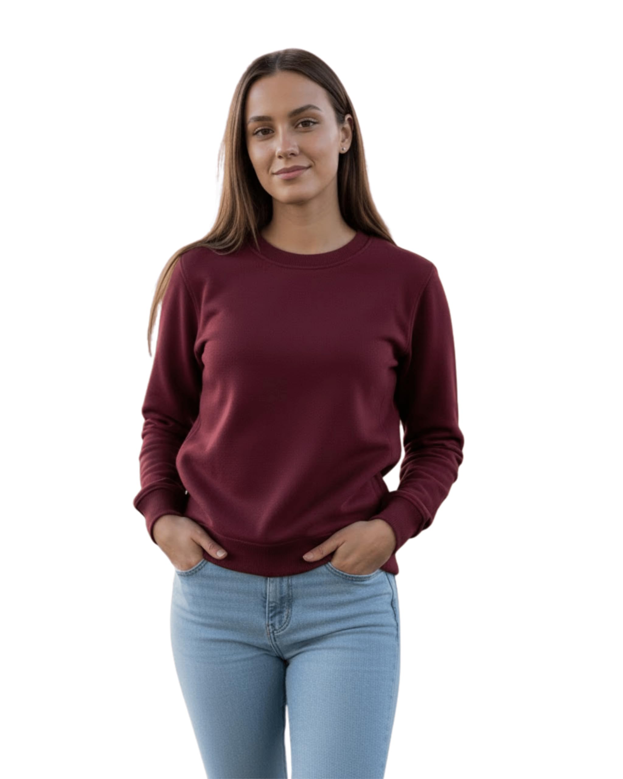 Women's Crew Neck Sweatshirt, Long Sleeve, Ribbed Cuffs and Hem (in, Alpha, 2XL, Regular, Maroon)-image-36