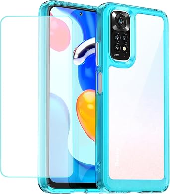 حافظة Redmi Note 11 / Redmi Note 11S 2201117TY حافظة مع واقي من الزجاج المقسى ، ظهر واضح للكمبيوتر الشخصي الصلب وغطاء هاتف واقي من Bumper لـ Xiaomi Redmi Note 11 2022 Crystal Blue