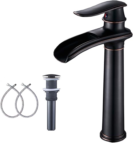 GGStudy Grifo de baño de bronce aceitado con una sola manija, un agujero, cascada de granja, baño, lavabo, grifo a juego con drenaje desplegable