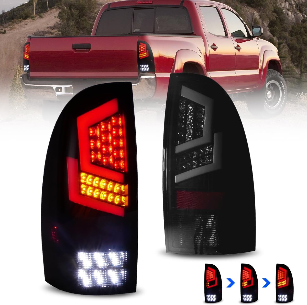 Winjet LED Sequential Tail Lights Assembly For 2005-2015 Toyota Tacoma, Full Led Taillight w/Yellow Sequentail Turn Signal Indicators/Running/Brake/Reverse Light, 1 Pair Rear Lamps (Black/Smoked)