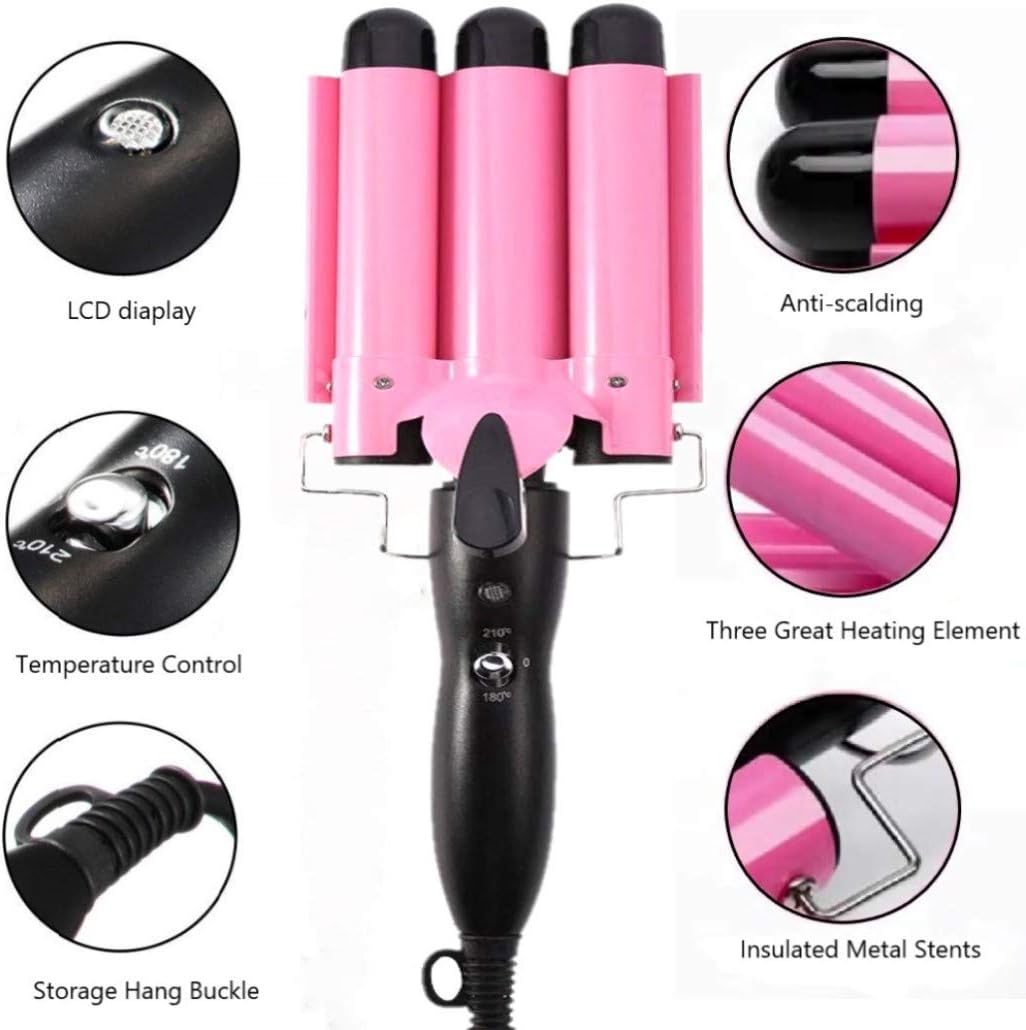 Hair Crimper Large 3 Barrel Curling Iron 32mm (1.25'') Hair Curler Ceramic Tourmaline Triple Barrels Hair Waving Styling Tools（Pink) : Beauty & Personal Care