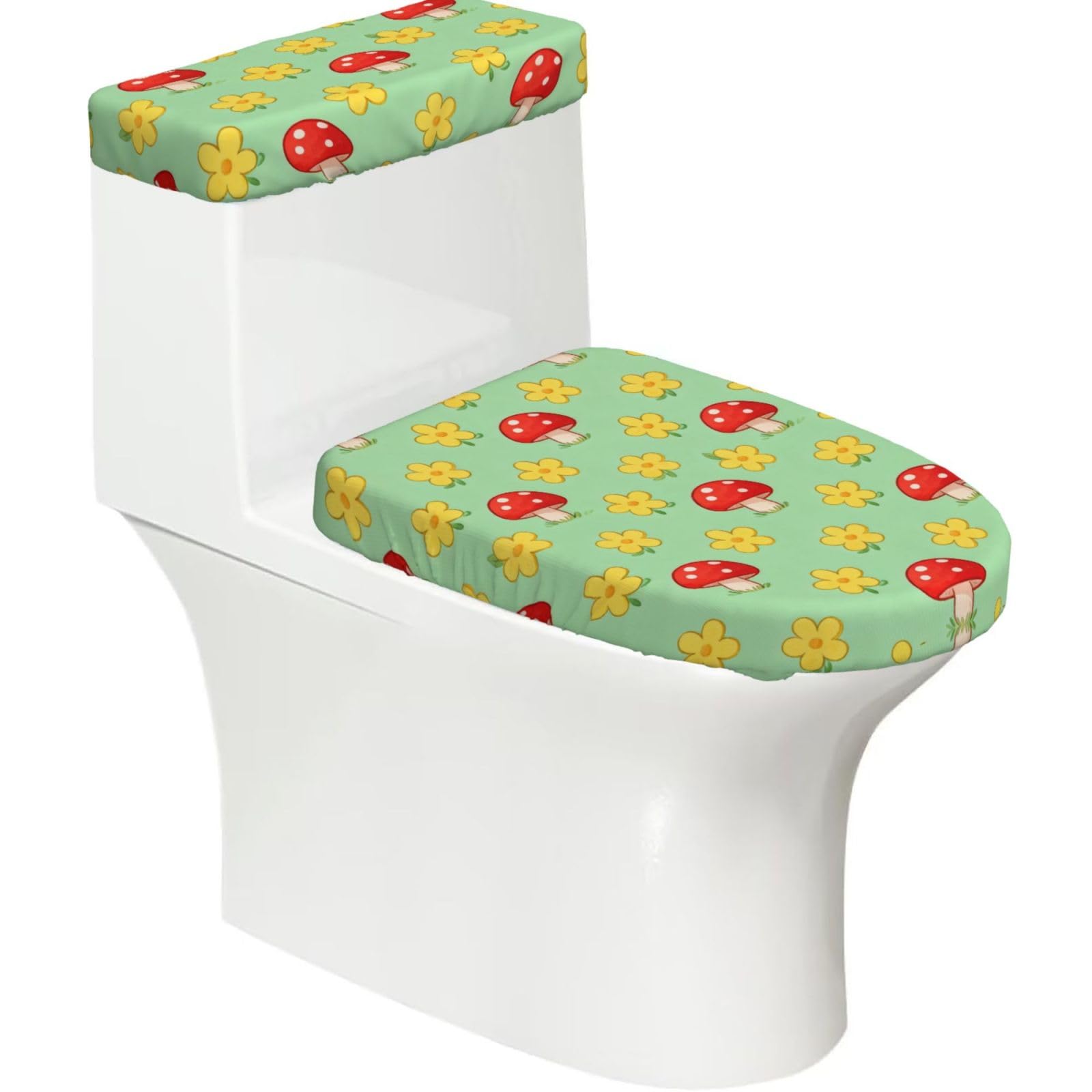 Mushroom Flower Seamless Elastic Toilet Cover Set of 2-Stretchy Lid and Tank Covers for Bathroom, Soft Washable U Shape Toilet Decor