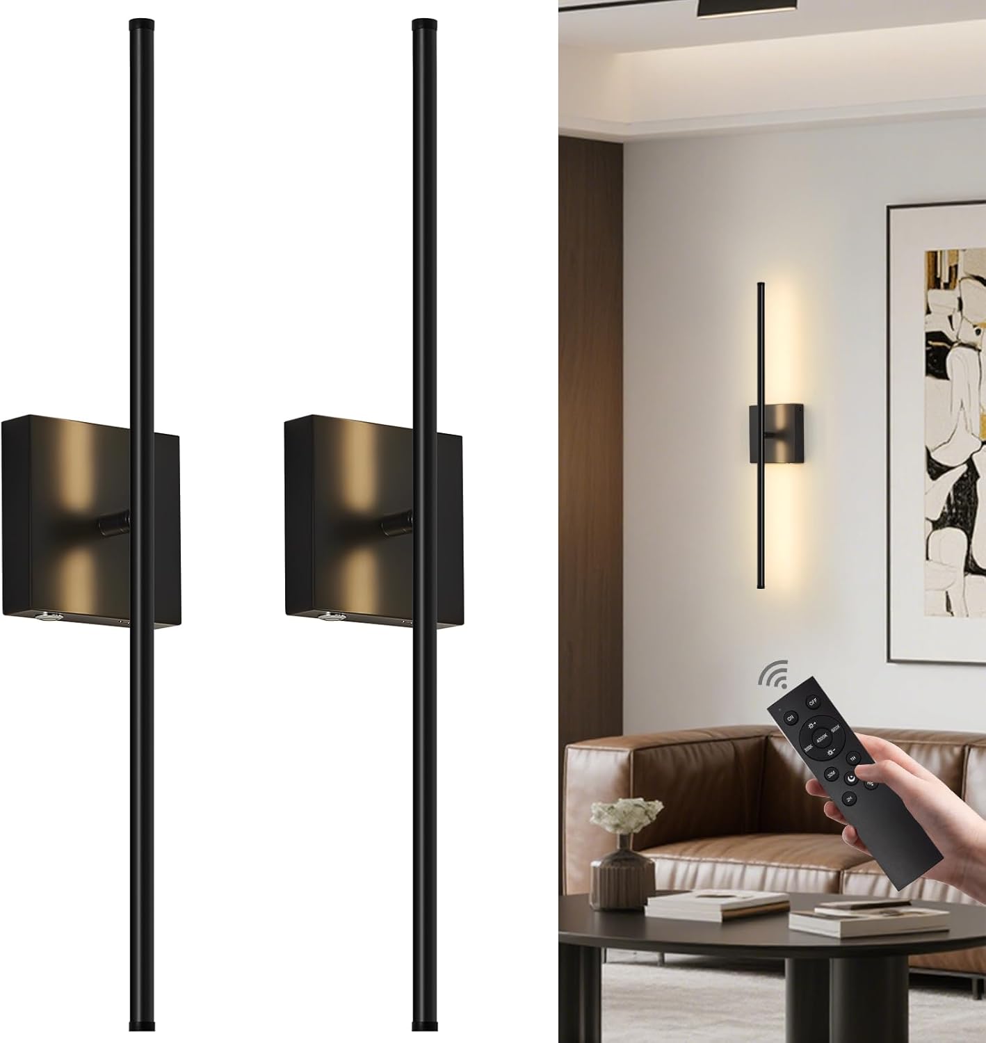 Battery Operated Wall Sconces Set of 2, Wall Sconce with Remote Control, 26.7 Inch 3000K-6000K Dimmable Wireless Rechargeable Sconce,Wall Lights for Bedroom, Living Room, Hallway(Black)