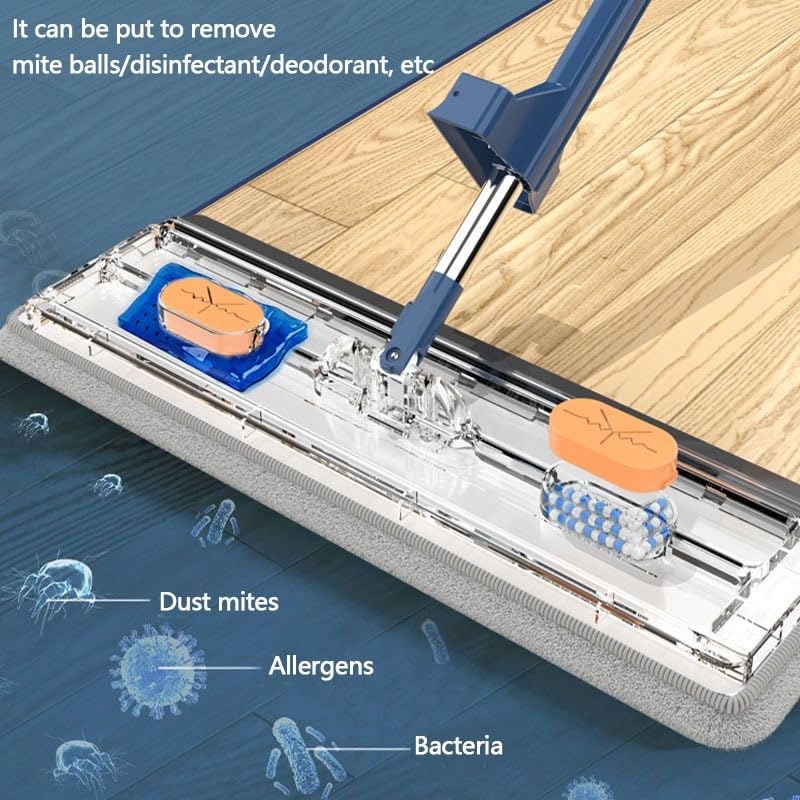 Grande scopa piatta, set con secchio, lavapavimenti con funzione di strizzatura, girevole a 360°, set con 4 cuscinetti in microfibra, mocio per piastrelle in legno duro