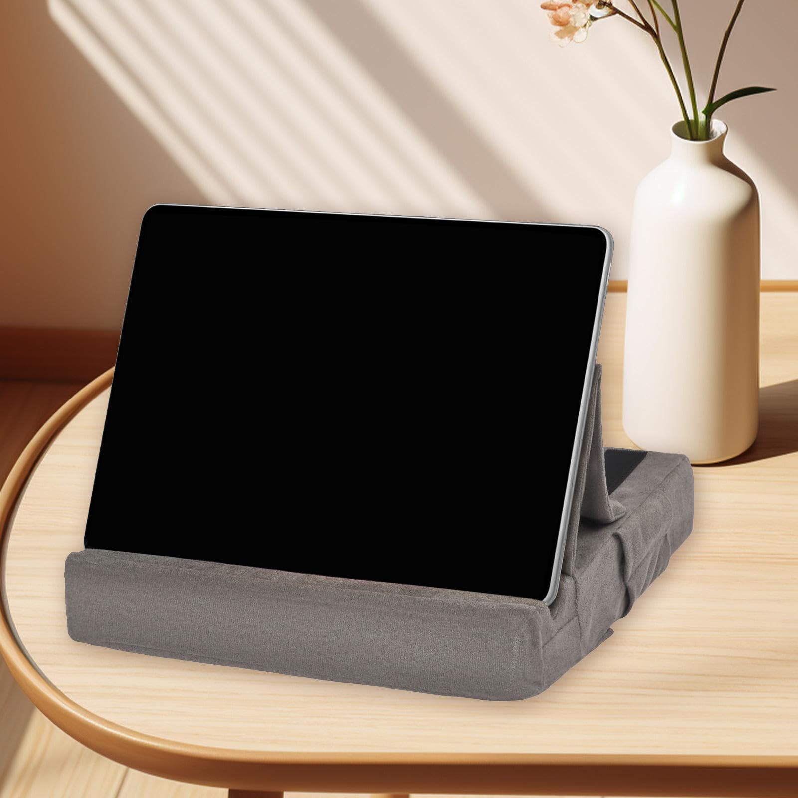 Supporto per Tablet Cuscino Stand Regolabile Supporto Portatile Cuscino Porta Tablet con Tasche Materiale Morbido Poliestere Adatto per S, Grigio