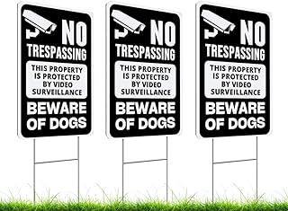 Set of 3 Double Sided 12x8 Inches Beware of Dog Plastic Sign with Metal Stakes - No Trespassing This Property Is Protected By Video Surveillance - Dog Warning Signs for Garden Outdoor or Indoor