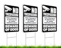 ULVEOL Set of 3 Double Sided 12x8 Inches Beware of Dog Plastic Sign with Metal Stakes - No Trespassing This Property Is Protected By Video Surveillance - Dog Warning Signs for Garden Outdoor or Indoor