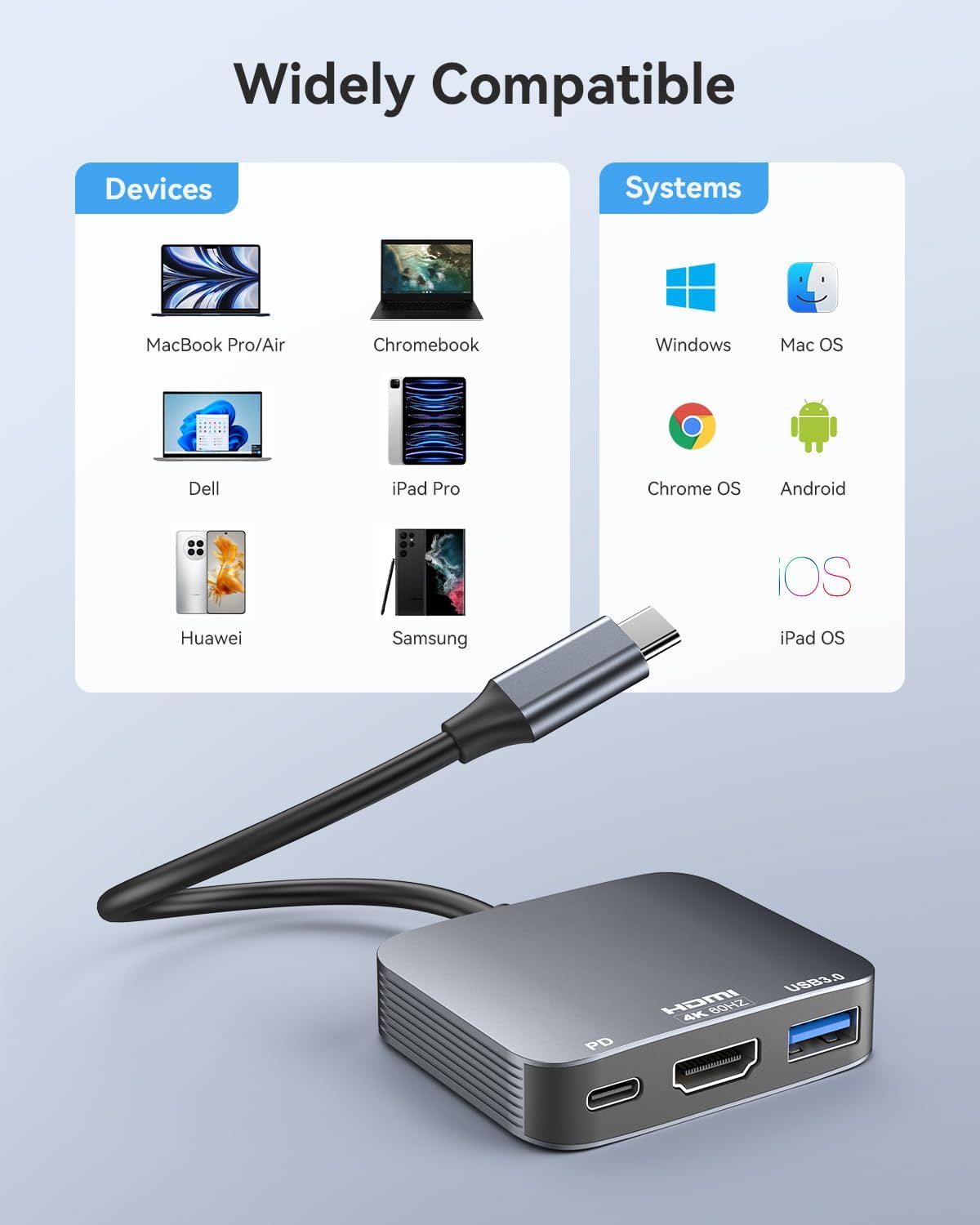 vilcome USB C to HDMI Adapter【4K@60HZ】, HDMI to USB C Adapter Multiport with USB Type C PD & USB 3.0 Port, Compatible for MacBook Pro/Air, iPad Pro/Air, Dell XPS, iPhone 15 Pro/Max, Android (Gray)