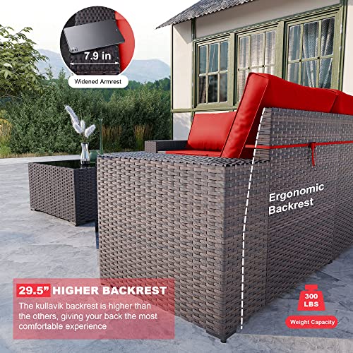 Kullavik Outdoor Patio Furniture Set 6 Pieces Sectional Rattan Sofa Set Brown PE Rattan Wicker Patio Conversation Set with 5 Seat Cushions and 1 Tempered Glass Table, Red - Thumbnail 3