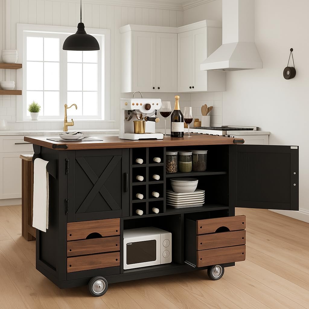 K&K 54" Farmhouse Kitchen Island with Drop Leaf, Power Outlet, Kitchen Storage Cart with 2 Doors, 2 Drawers, Rolling Kitchen Island on 4 Large Wheels with Spice Rack for Kitchen, Dining Room, Black