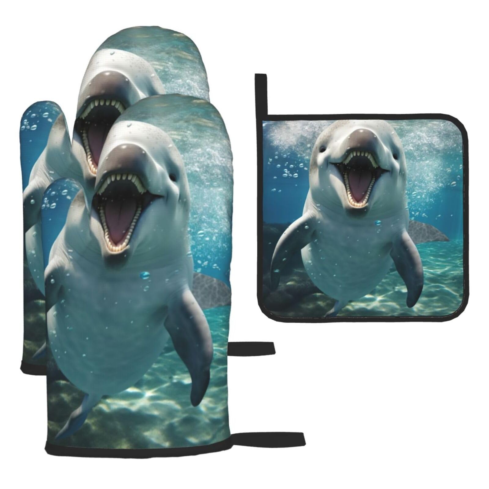 Funny Animal Dolphin Print Oven Mitts Kitchen Gloves Set Everyday Baking Grilling Microwaving Cooking Gift