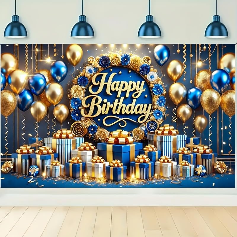 Gold 3D Text Blue Gold Balloon Gift Pattern Blue Background Banner Decoration Theme Happy Backdrop Birthday Background Party Decoration