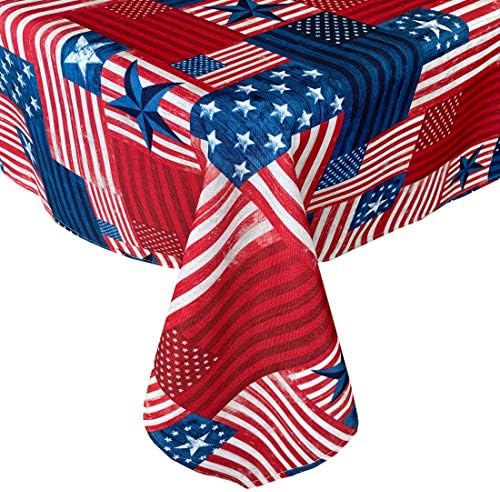 Newbridge American Flag Patchwork Indoor Outdoor Fabric Tablecloth, Patriotic Flag Heavy Weight, Stain and Water Resistant Tablecloth, 52 Inch x 52 Inch Square