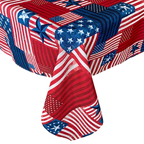 Newbridge American Flag Patchwork Indoor Outdoor Fabric Tablecloth, Patriotic Flag Heavy Weight, Stain And Water Resistant Tablecloth, 60 X 84 Oblong Zipper Umbrella Tablecloth #TOP4