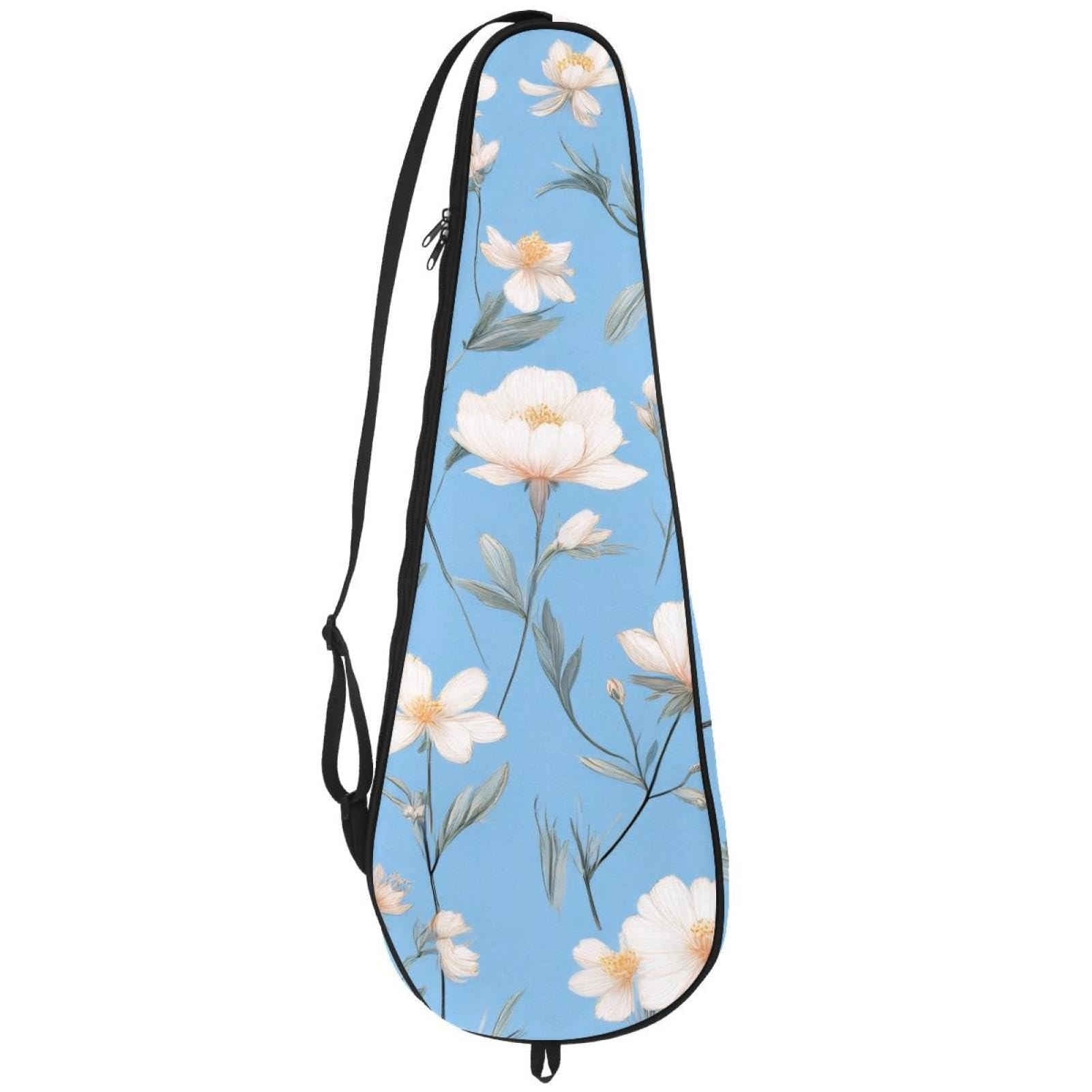 KengjuTesu Badminton Racket Cover Bag, Lightweight Padded Tennis Racquet Cover with Adjustable Shoulder Strap, White Floral Blue Background