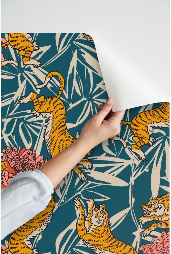 Spoonflower Peel & Stick Wallpaper Boho Jungle tiger Animal Leaf Palm Beach Tropical Poppy Custom Removable Wallpaper
