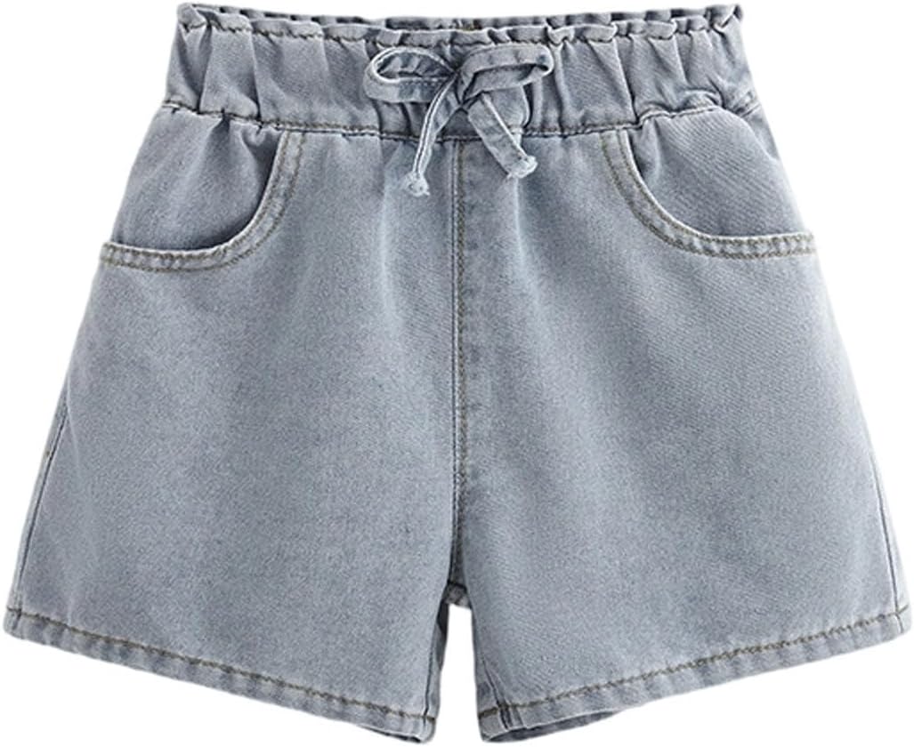 Girls Cherry Embroidery Stripe Jeans Shorts Cotton Elastic Waist Wide Leg Shorty Cute Y2K Summer Jorts Daily Wear