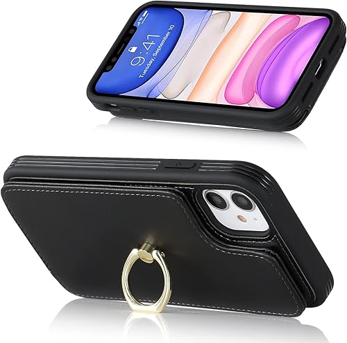 Miniatura 3 de Lipvina Funda para iPhone 11 con tarjetero, tarjetero de crédito, soporte de anillo, bloqueo RFID, piel sintética a prueba de golpes, para mujeres y