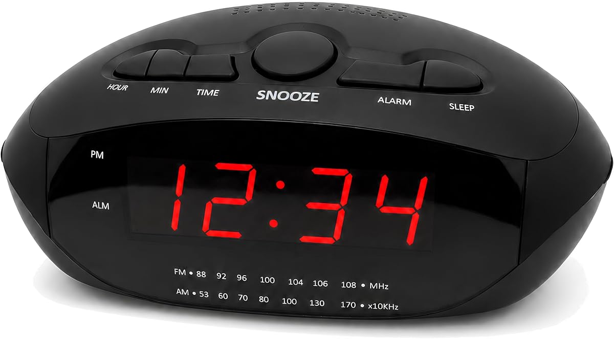 Digital Alarm Clock with Dual USB Ports | AM/FM Clock Radio with Red LED Display, Snooze, Sleep Timer, AUX Input, and Battery Backup | Compact Desk or Bedside Alarm for Bedroom, Dorm, or Office