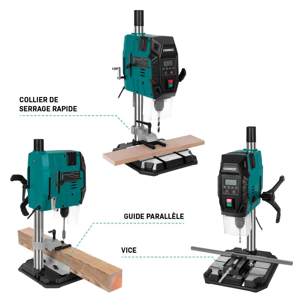 VONROC Perceuse à colonne 900W - Perceuse d'établi - écran LCD - bois 40mm/acier 13mm - laser crossline et lumière LED - Accessoires inclus.