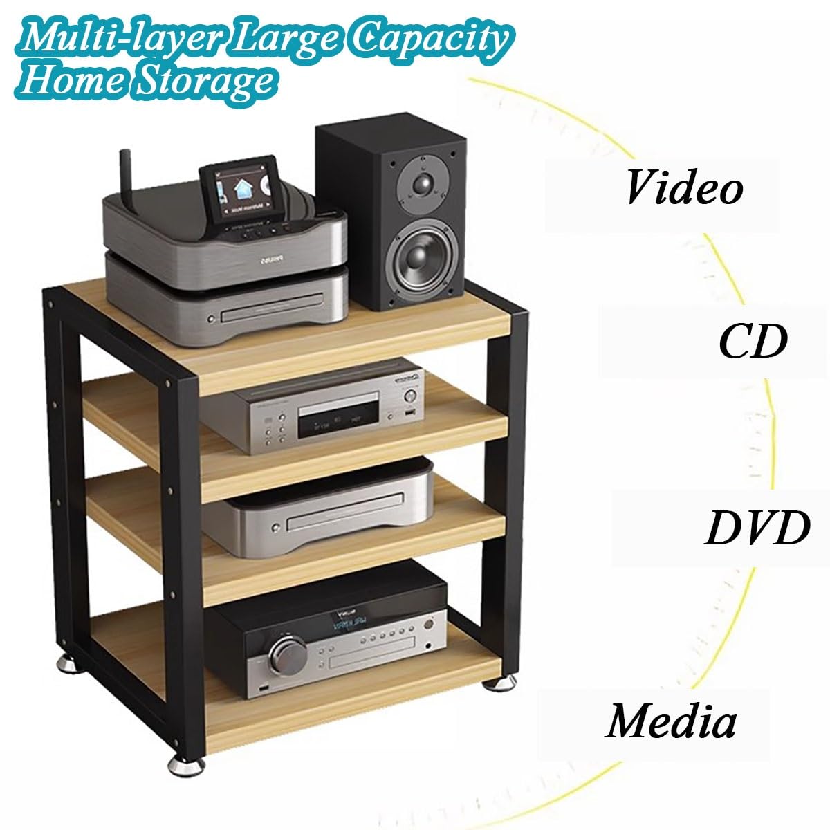 Rack HiFi a 3 livelli e supporto per altoparlanti, armadietto compatto per home theater, console per videogiochi, giradischi, TV e amplificatori, apparecchiature elettroniche