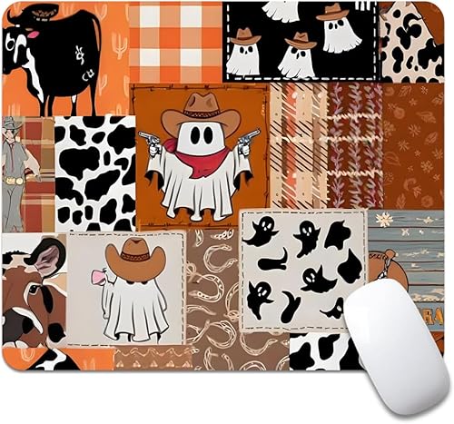 Ghost Cowboy Patchwork Halloween Square Mouse pad, Texture, Waterproof, Anti Slip Rubber Base, Computer Mouse pad, Laptop Mouse pad