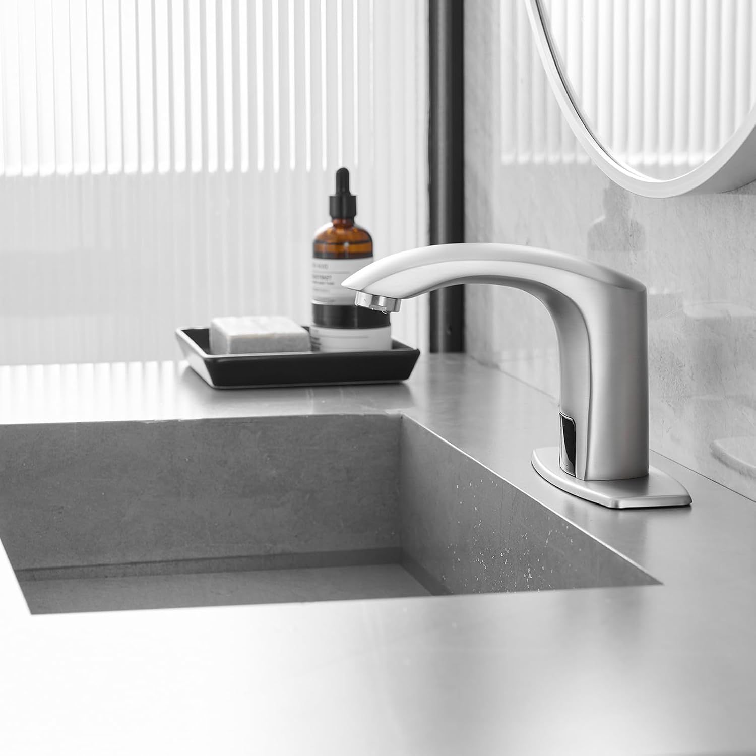 Automatic Sensor Faucet Hands-Free, Bathroom Commercial Auto Motion Touchless Faucet, AC/DC Powered, Temperature Adjustment Valve, Brushed Nickel