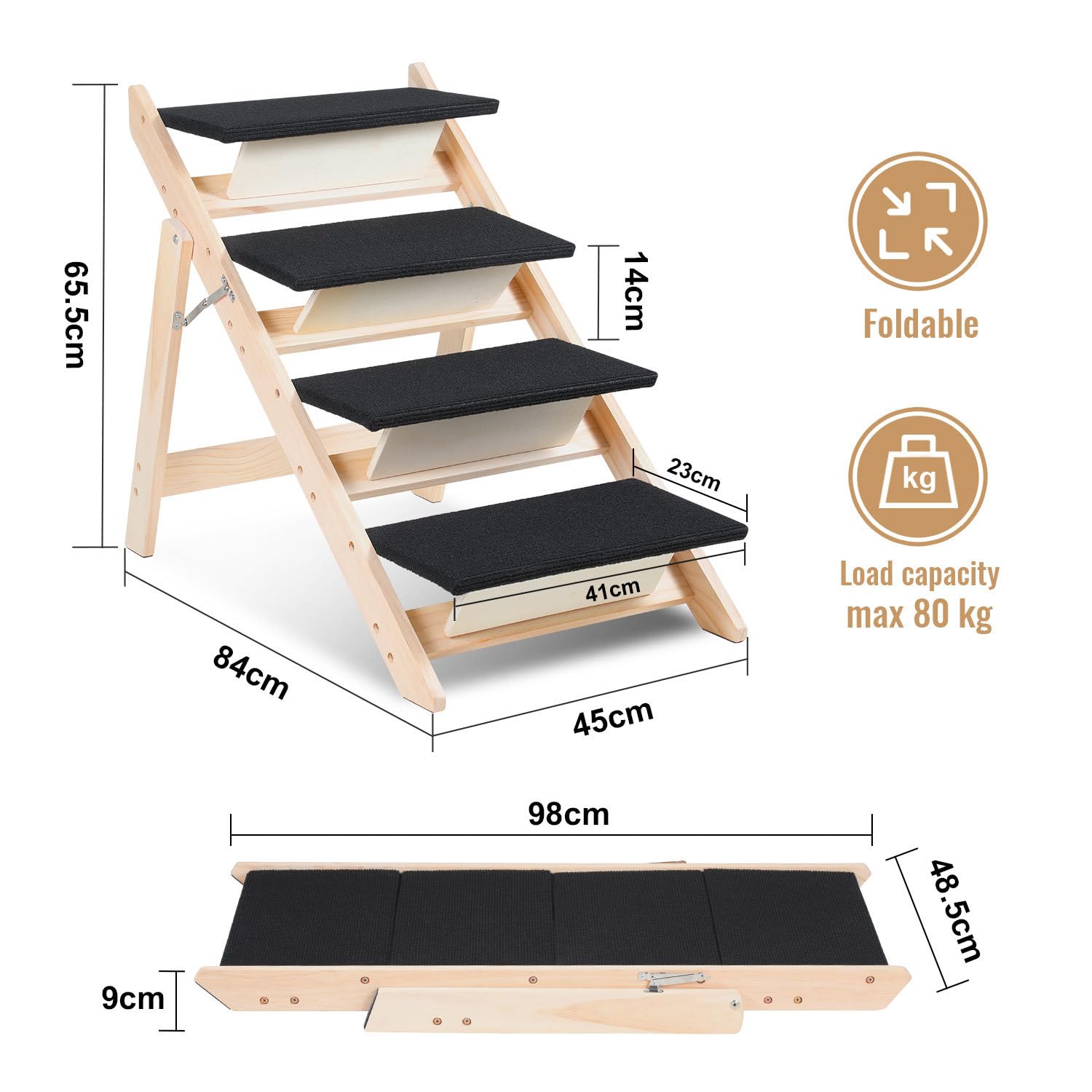 Scala per Cani a 4 Gradini,Rampa 2-in-1 Pieghevole in Legno,Antiscivolo con Pendenza Dolce,Scala per Animali Domestici per Letto,Divano e Auto,Stabile e Portata Fino a 80 Kg