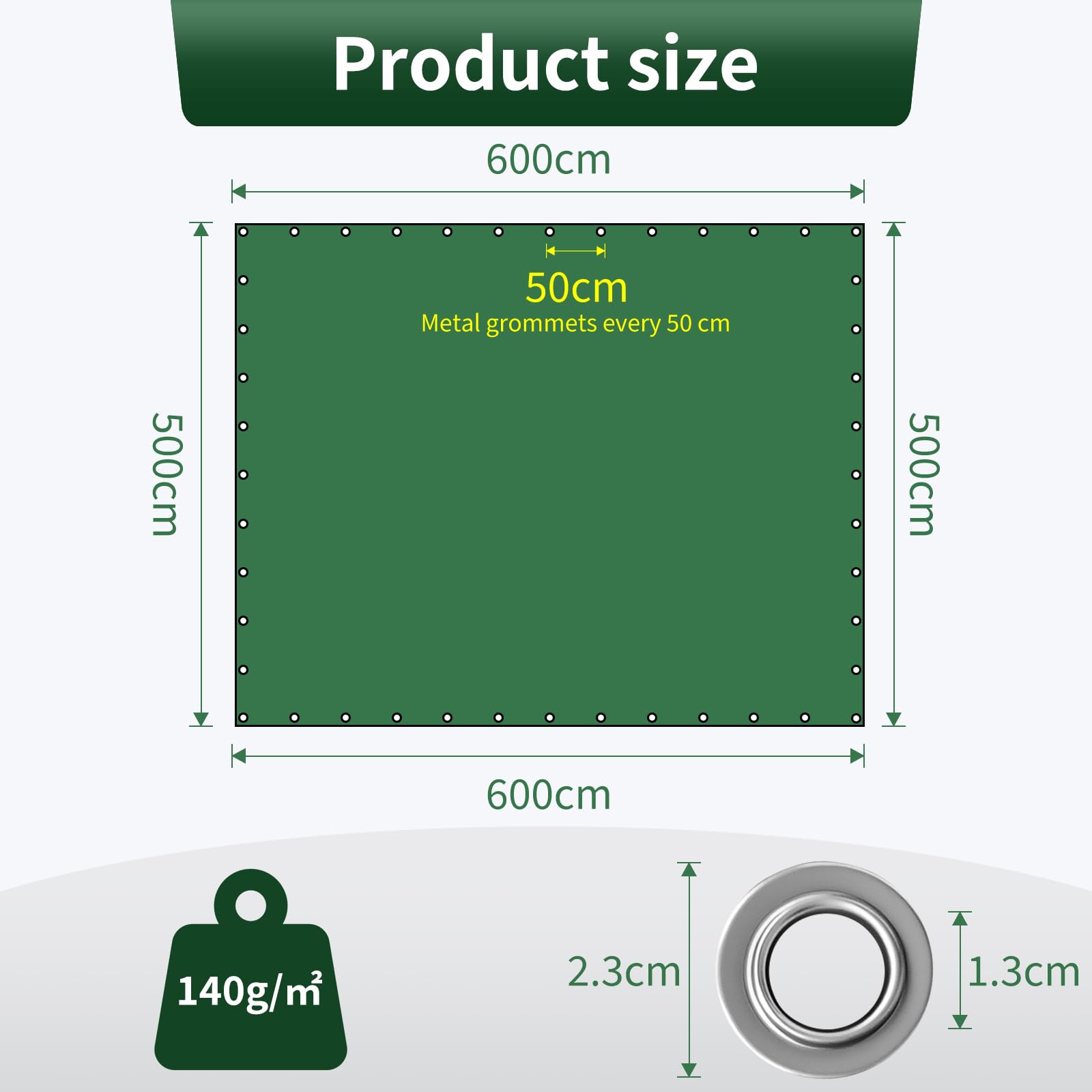 Bâche Protection 5x6m Imperméable & Indéchirable – 140g/m² PE Vert/Argent avec Œillets – pour Voitures, Piscines, Bateaux, Meubles Jardin
