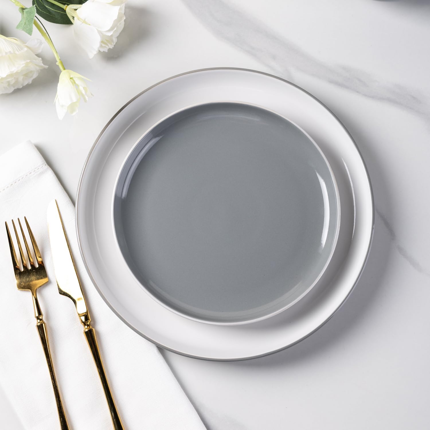 GBHOME 12 Pieces Ceramic Dinnerware Set, Modern White Dish Set for 4，Scratch Resistant Smooth Plates and Bowls Sets，Oven Safe，Microwave & Dishwasher