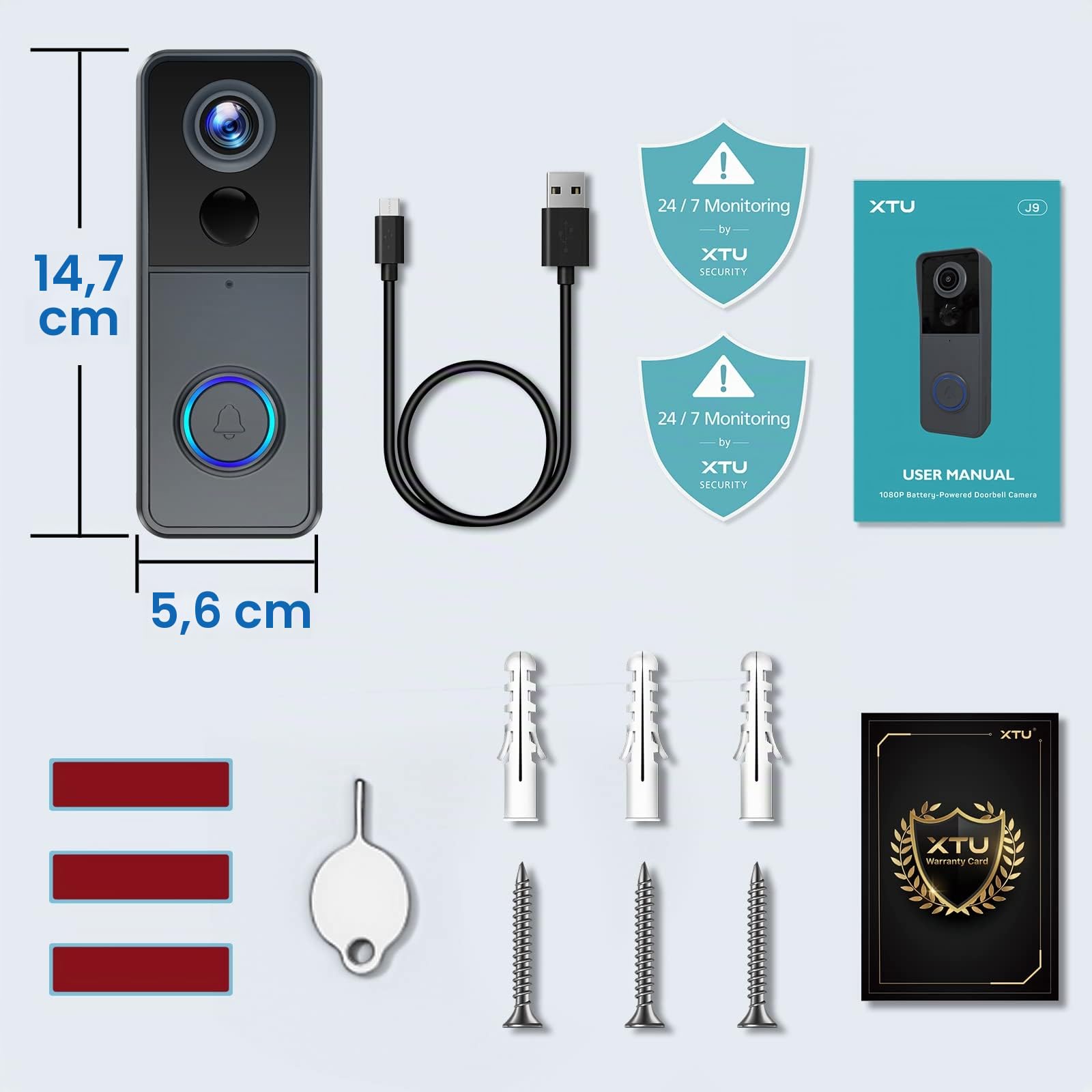 XTU Videocitofono WiFi Senza Fili, 1080P FHD Video Campanello con Suoneria, Rilevamento Umano PIR, Audio Bidirezionale, Batteria 5000mAh, Supporta Scheda SD e Cloud, IP66