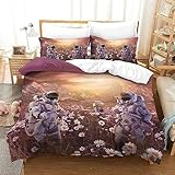 SIBREA Bettbezug, Bettwäsche, Astronaut in den Blumen, 3-teilige Bettwäsche, Mikrofaser, einfache Atmosphäre für alle Jahreszeiten, 200 x 200 cm (1 Bettbezug, 2 Kissenbezüge)
