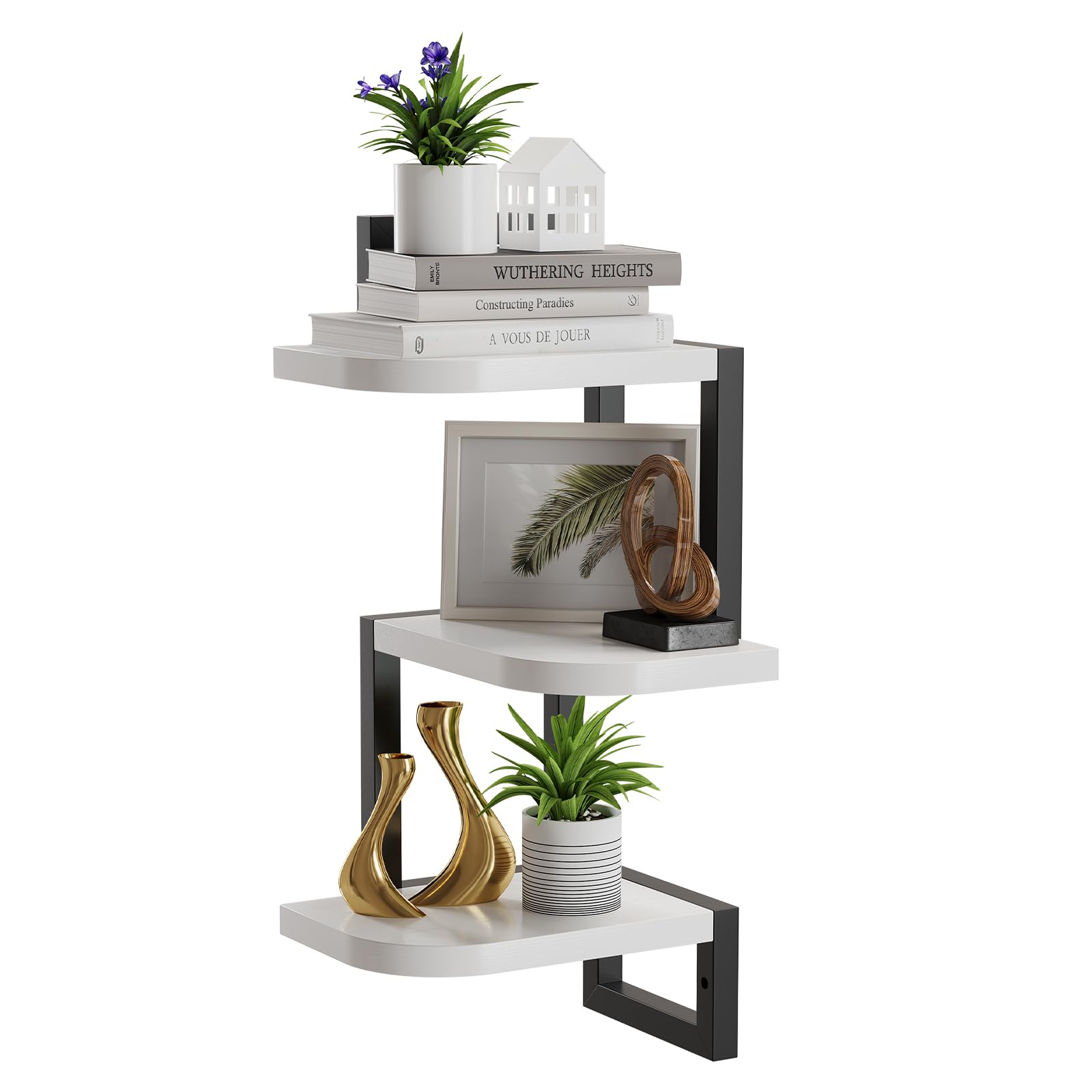 Lot de 3 étagères d'angle à suspendre - En bois rustique - Pour chambre d'enfant - Bibliothèque - Jolies étagères murales d'angle en bois pour salle de bain, salon, cuisine - Blanc