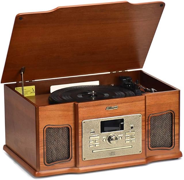 Shuman Wooden 8-in-1 Bluetooth Music Centre with 3-Speed (33, 45, 78 RPM) LP Turntable, DAB Digital/FM Radio, CD/Cassette Player, USB Playback/Recording, Built-in Speakers (MC-274DBT)