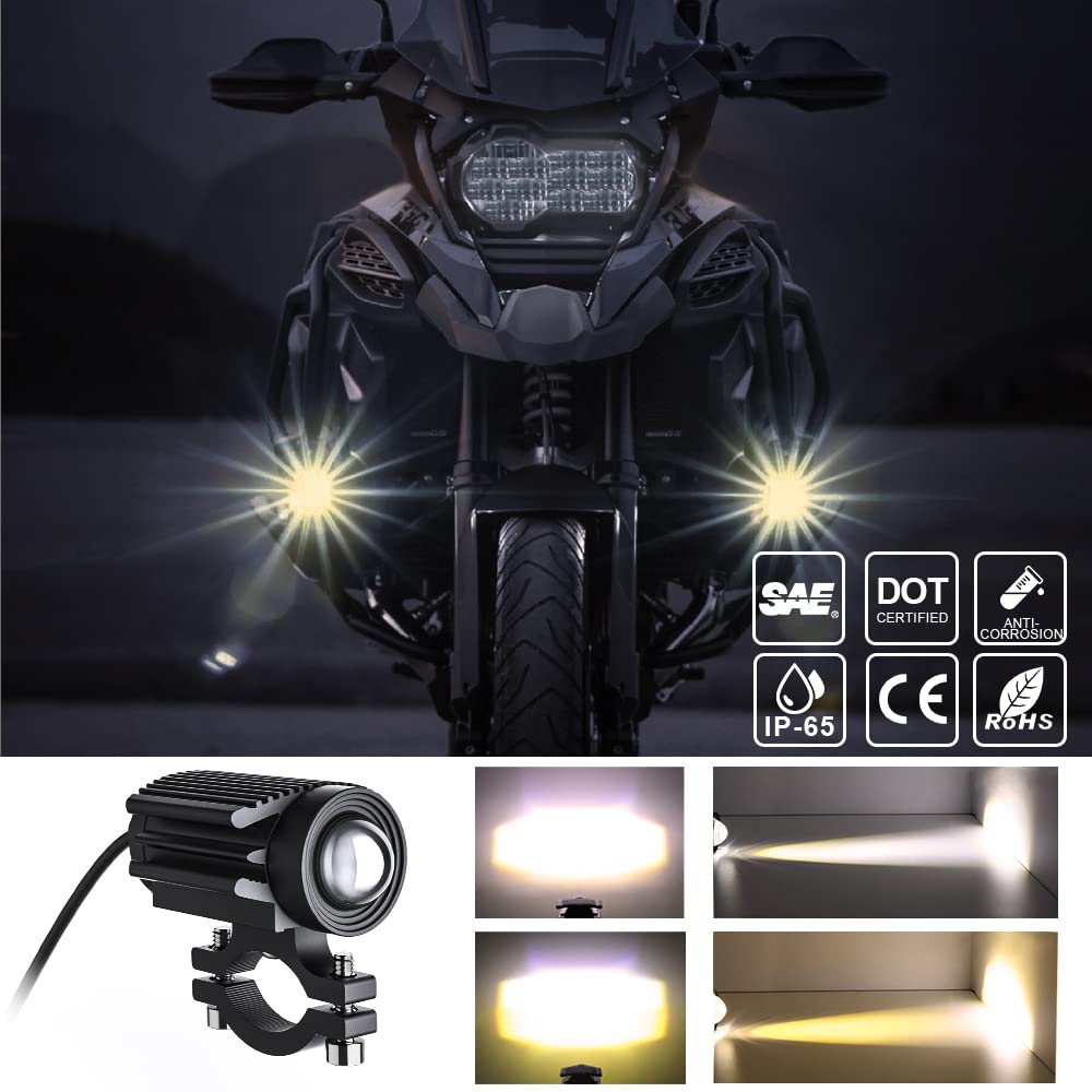 2 sztuki reflektorów przeciwmgielnych LED do motocykla, 60W, 6000 lm, 6000K/3000 K, bursztynowy/żółty, biały, dwukolorowy, dodatkowy reflektor offroad, reflektor roboczy Pod do motocykli,