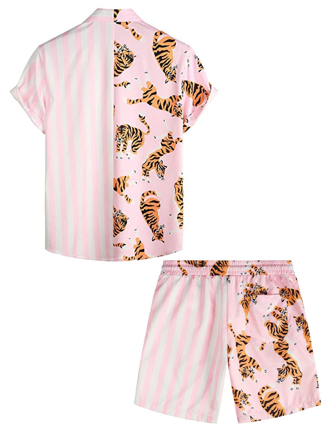 VATPAVE Herren Flamingo Hawaii 2 Teiliges Sets Kurzarm Freizeithemden Strand Outfits