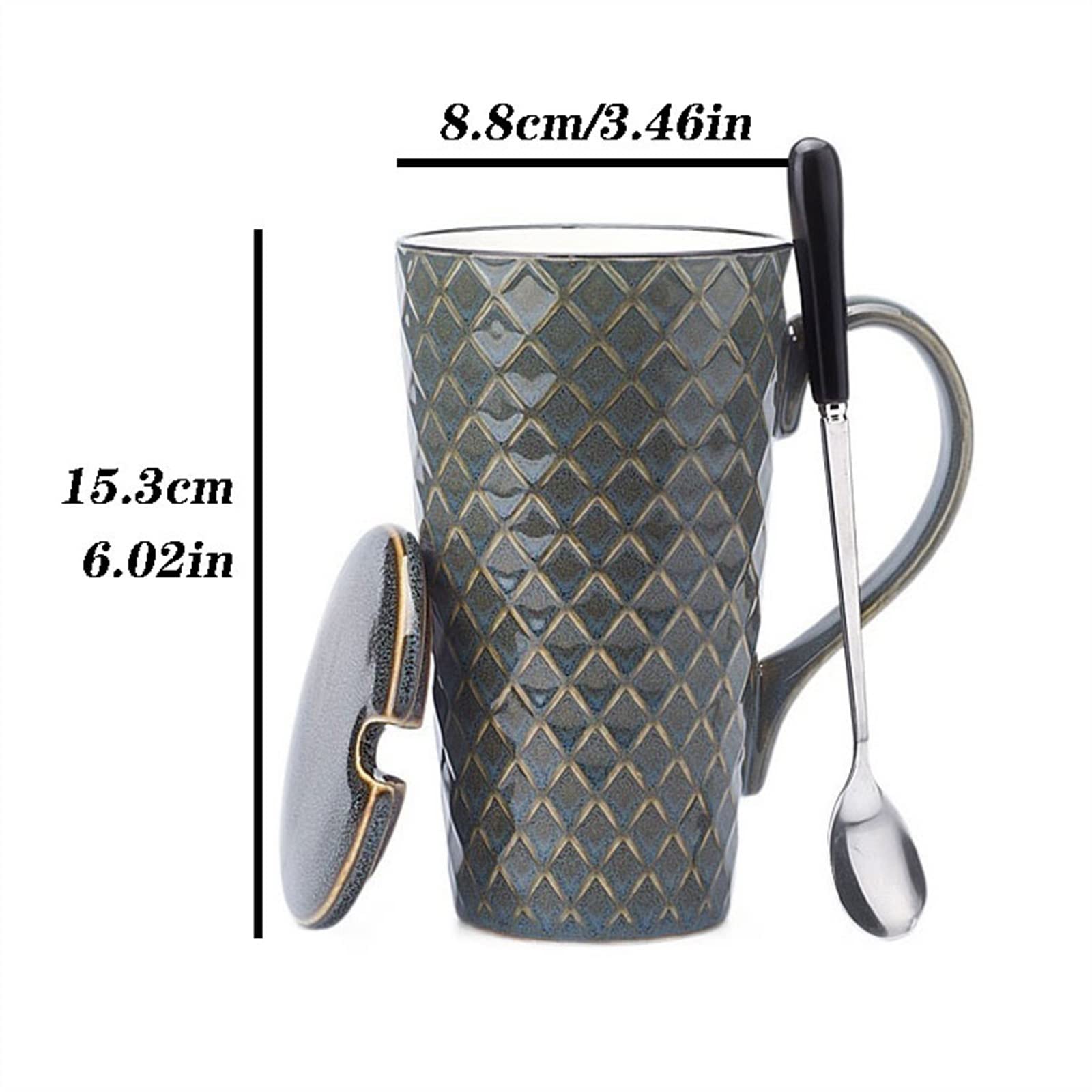 Taza de café de cerámica, Cuchara de cerámica de 500ML con Tapa, Taza de Gran Capacidad, Taza Creativa de Estilo nórdico para Beber (Azul)
