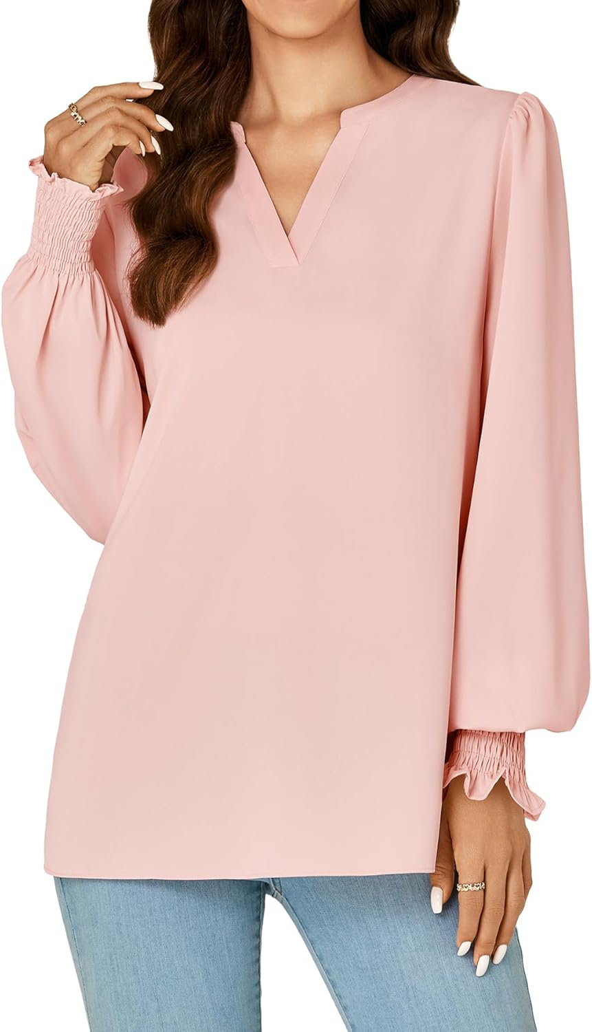 Rooscier Women's V Neck Puff Flounce Long Sleeve Dressy Casual Tunic Blouse Top