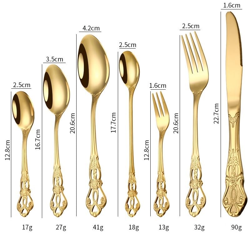 Posate in Argento, Set di Posate, Posate in Acciaio Inox da 7 Pezzi e Cucchiaio, Set di Posate per Bistecca, Posate per Bistecca per Ristorante dell'hotel,Gold-12Set