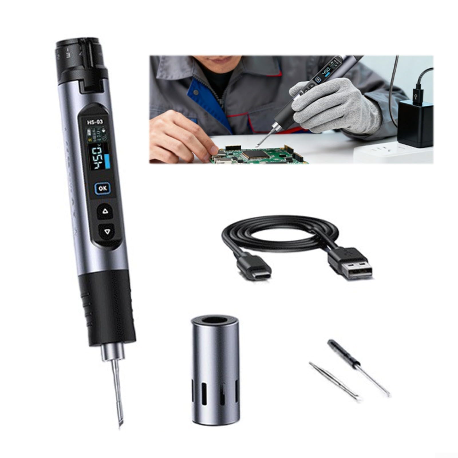 FUBESK Soldador inalámbrico portátil HS-03, 10 W de temperatura constante 100-450, recargable de 2600 mAh para batería, pantalla LCD, herramienta de soldadura de calentamiento rápido para uso